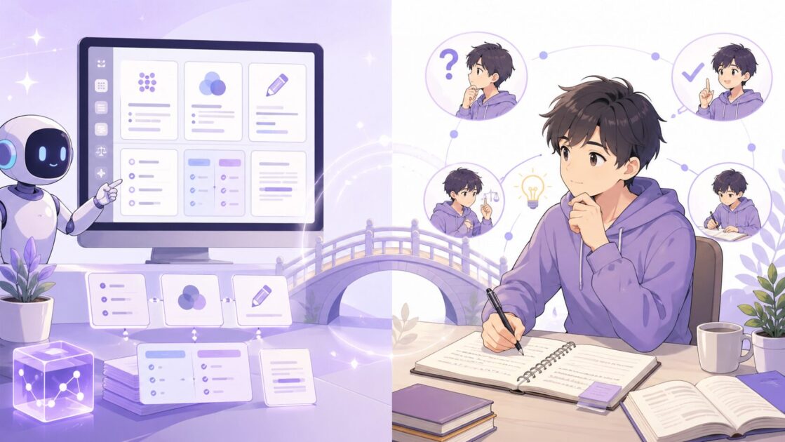 AIに任せてもよい整理や比較と人間に残したい問いや判断を分けて示す図