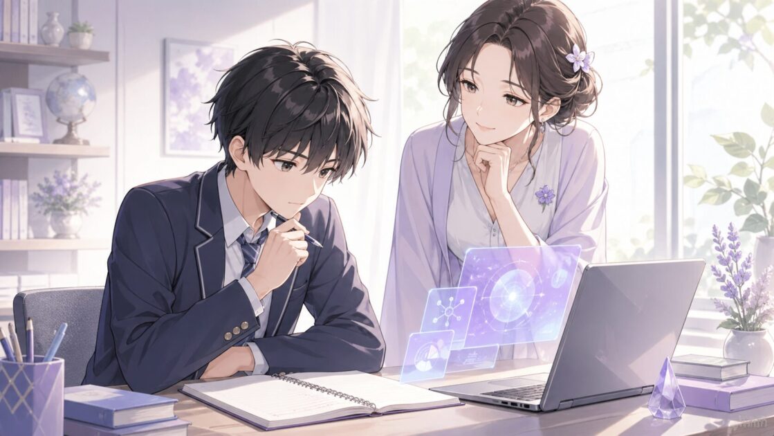 AIの答えを見ながら自分で考える必要性について立ち止まる学習者ともこあい先生の挿絵