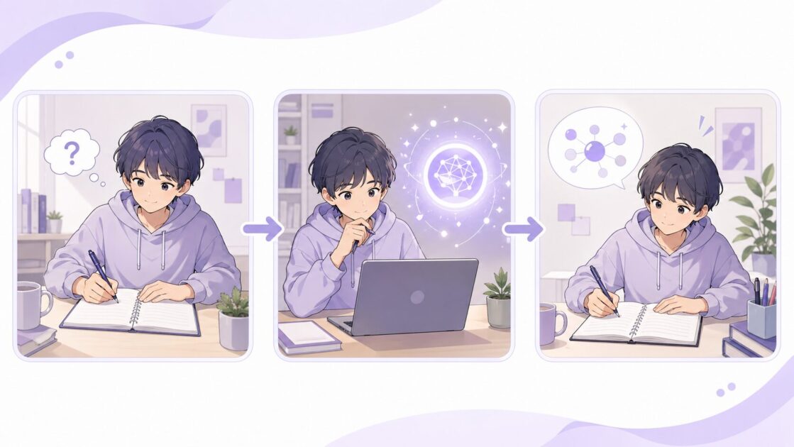 AIを使う前・使っている最中・使った後の3段階で考える力を残す流れを示す図