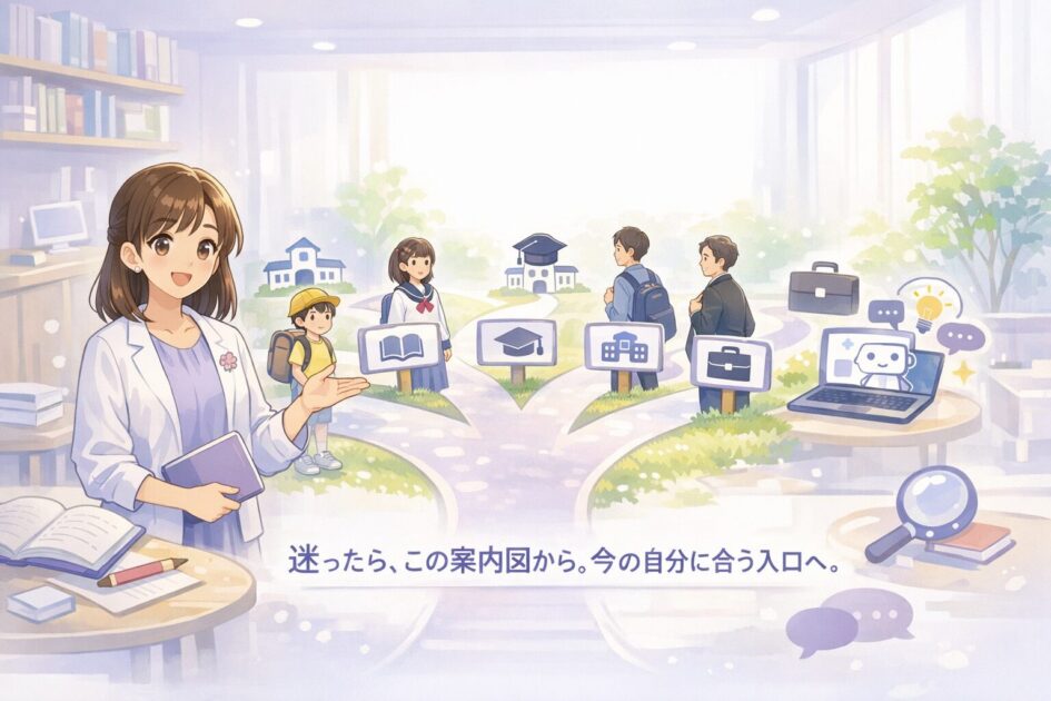もこあい先生のAI日記の案内図として小学生から社会人までの入口とAI活用の入口がやさしく示された挿絵