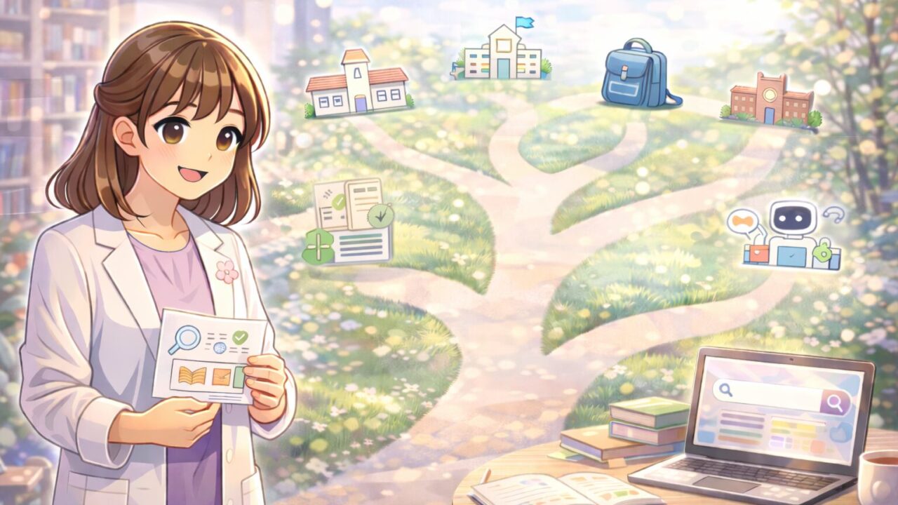 もこあい先生のAI日記の案内図として学年別とAI活用の入口がやさしく示されたアイキャッチ