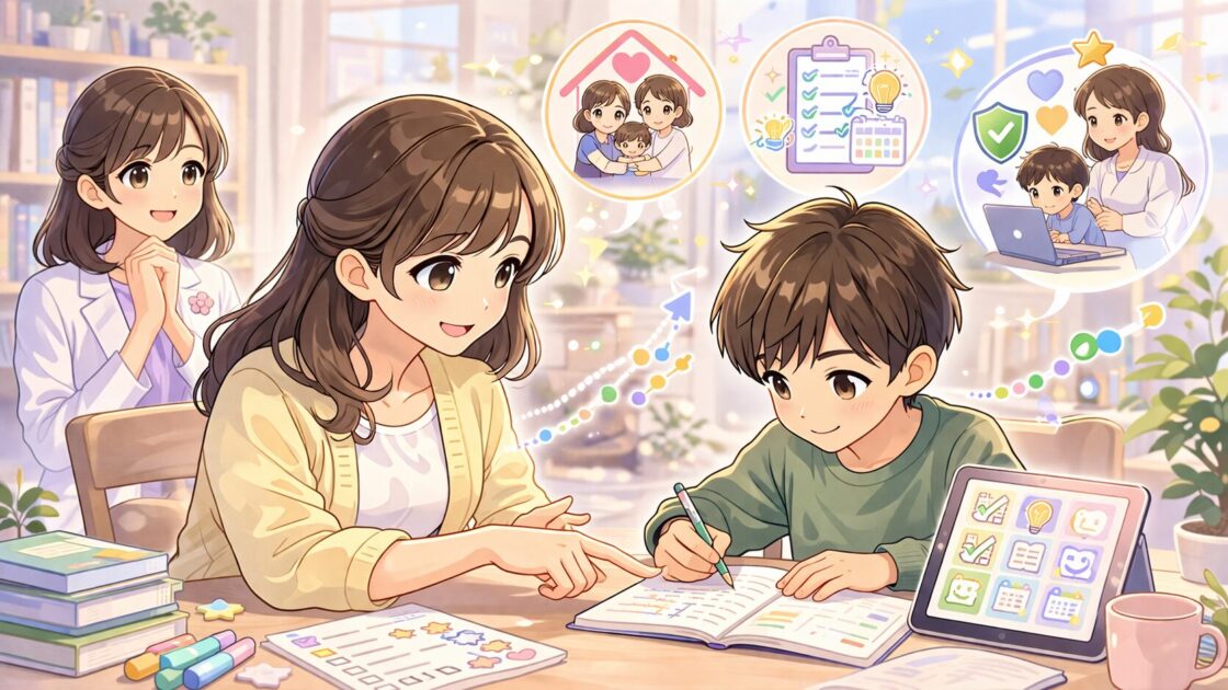 保護者が家庭でAIの見守りや学び方の判断軸を整える様子を示した挿絵