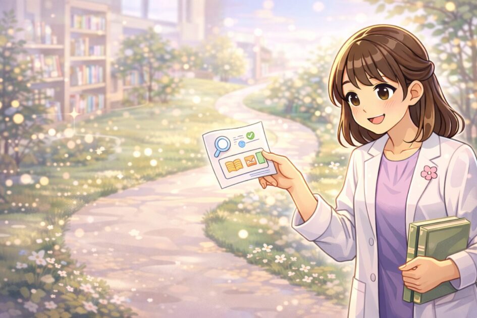 迷ったときにこの案内図へ戻ってこられる安心感をやさしく示した締めの挿絵