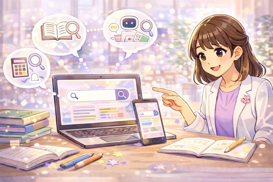 ブログ内検索を使って今つまずいている言葉から入口を探す流れを示した挿絵