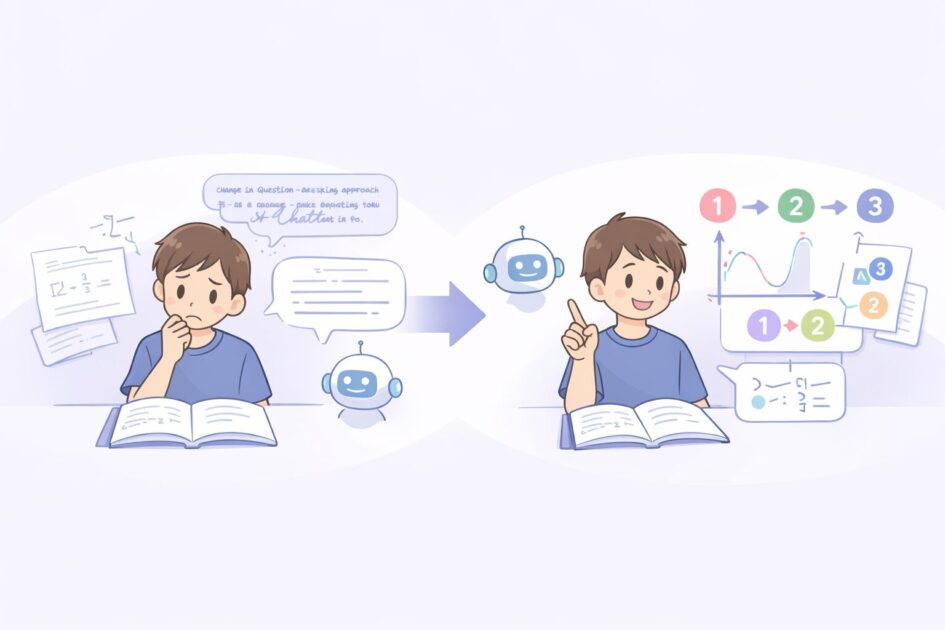 健太があいまいな質問でつまずき聞き方を変えて理解しやすくなる流れを示した挿絵