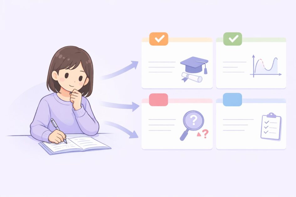 学年と単元とつまずきとお願い内容の4点を整理して質問を作る流れを示した挿絵