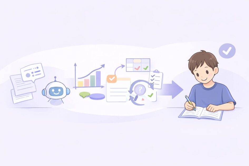 AIを理解の補助に使い最後は自分で考えて仕上げる流れを示した挿絵