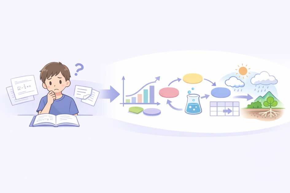 数学や理科の内容を図や流れで見える化して理解しやすくする学び方を示した挿絵