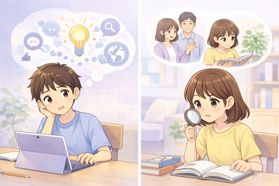 AIで広げることと本や会話や観察で深めることを左右で比較し、考える力の育て方を示した挿絵