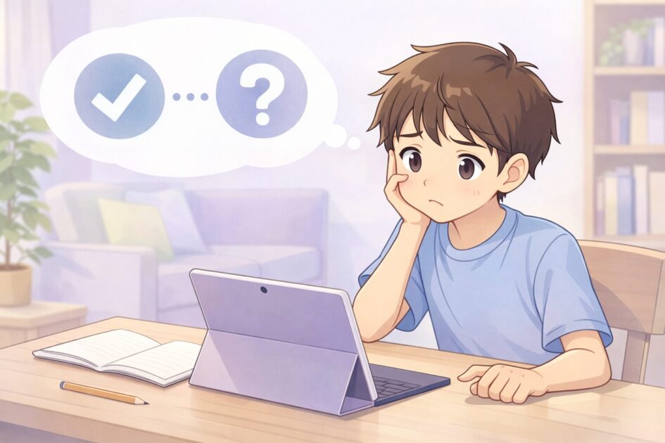 小学生が一人でAIを使って答えを得たものの、自分では説明できずに止まっている様子を示した挿絵
