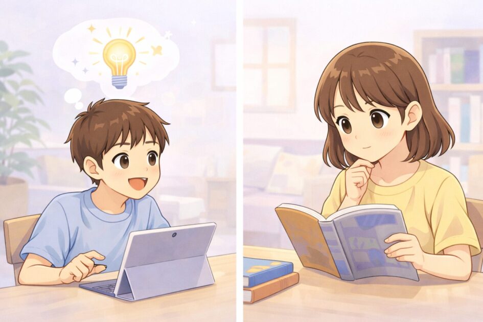 AIに興味を示す小学生と、まず本や図鑑を見たい小学生を並べて、それぞれの違いをやさしく示した挿絵