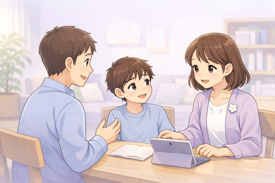 家族や身近な大人が小学生とAIの使い方をやさしく共有している様子を示した挿絵