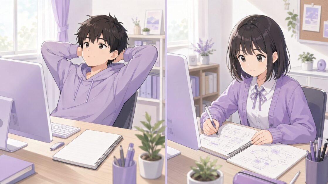 健太がAIに感想文を丸投げし恵子がAIを使って自分の考えを整理している対比の挿絵