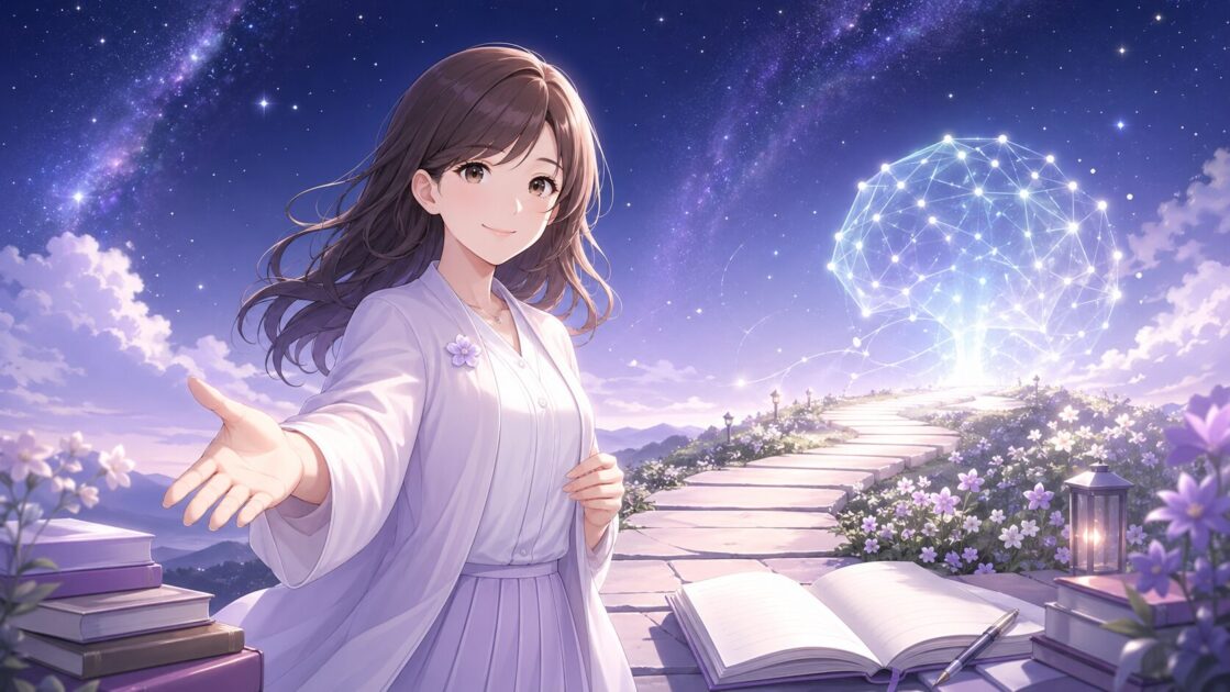 もこあい先生がAI時代にも読者が自分で考える力を残せるように道を示している挿絵