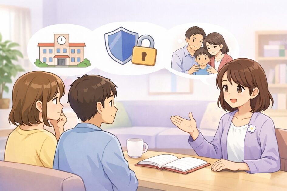 小学生とAIについて保護者が先に知っておきたい基本を、学校差・個人情報・大人と一緒の3点で整理した挿絵