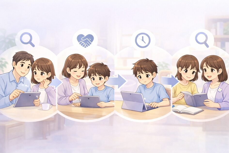 保護者が先に試す→一緒に使う→短い用途だけ子どもが触れる→一緒に確かめる流れを示した挿絵