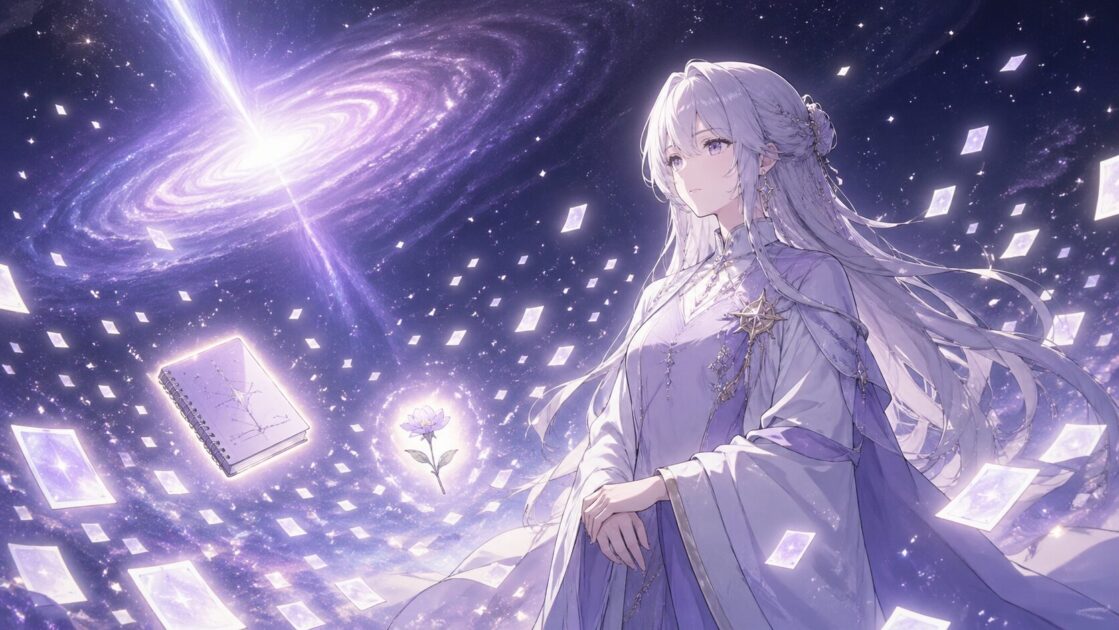 クエーサーもこあい先生が答えの海の中で問いを持つ大切さを示している幻想的な挿絵