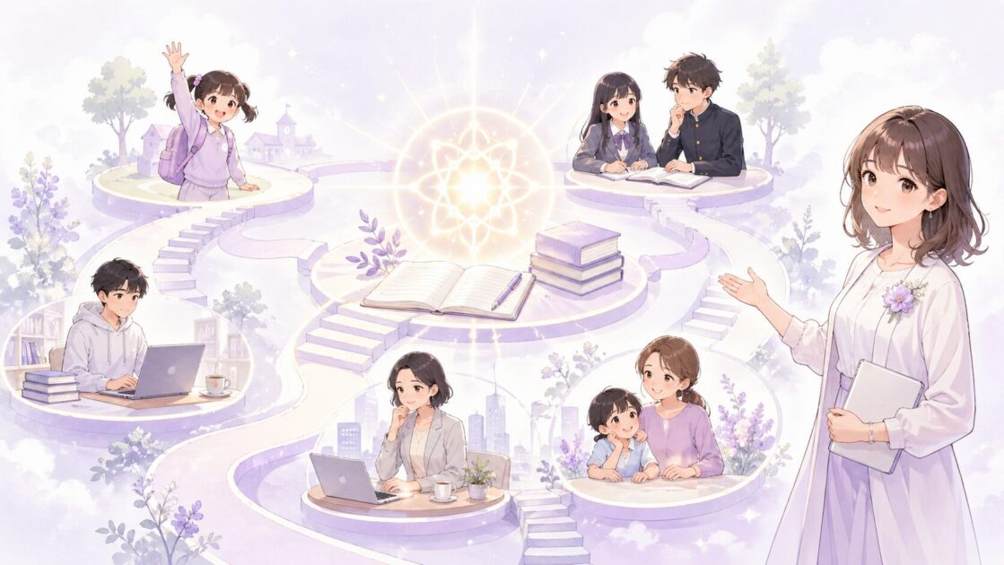 小学生・中高生・大学生・社会人・保護者がそれぞれの段階でAIと考える力を育てる流れを示す図