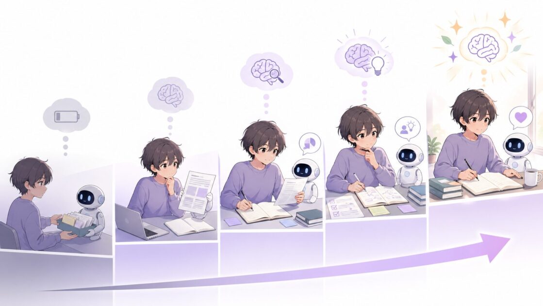 AI時代の自分で考えた度を丸投げから自分の言葉で作り直すまで5段階で示す図