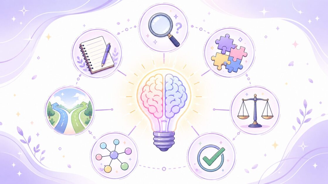 考える力を問う力・分ける力・比べる力・疑う力・つなげる力・言い直す力・決める力の7つに分けて示す図