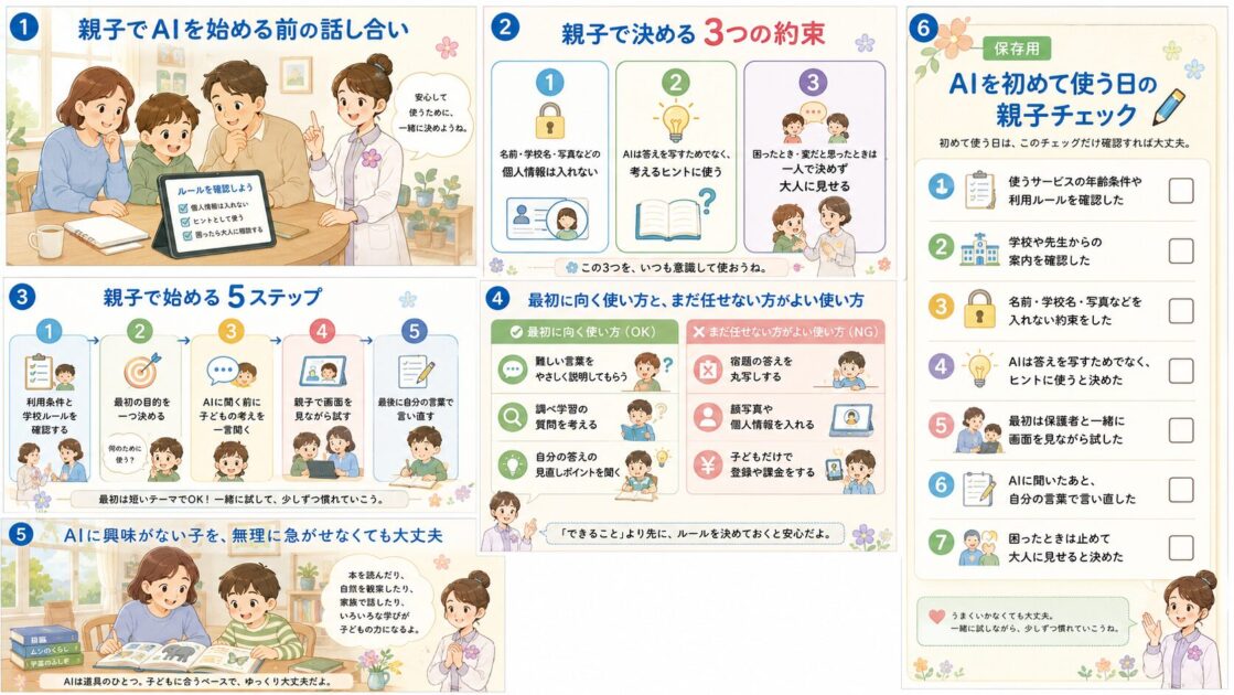 小学生がAIを初めて使う日に親子で確認したいポイントをまとめた保存用チェックシート