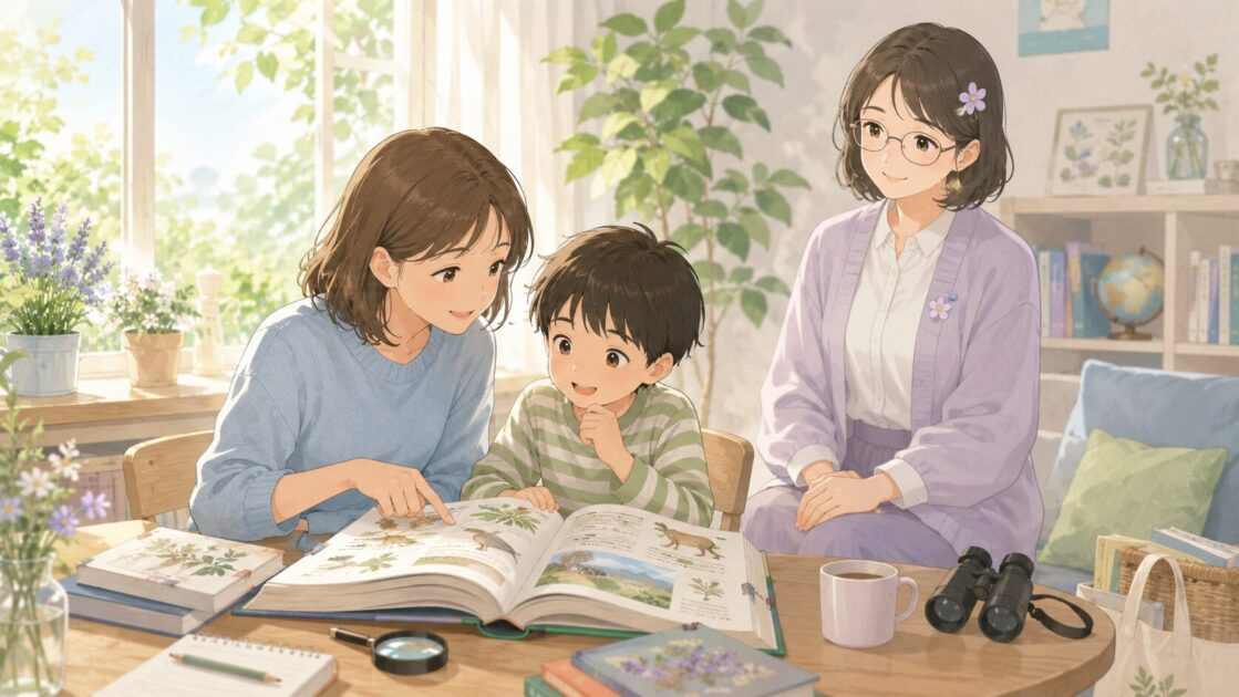 本や図鑑、会話など、AI以外の学びも大切にしている親子を描いた挿絵