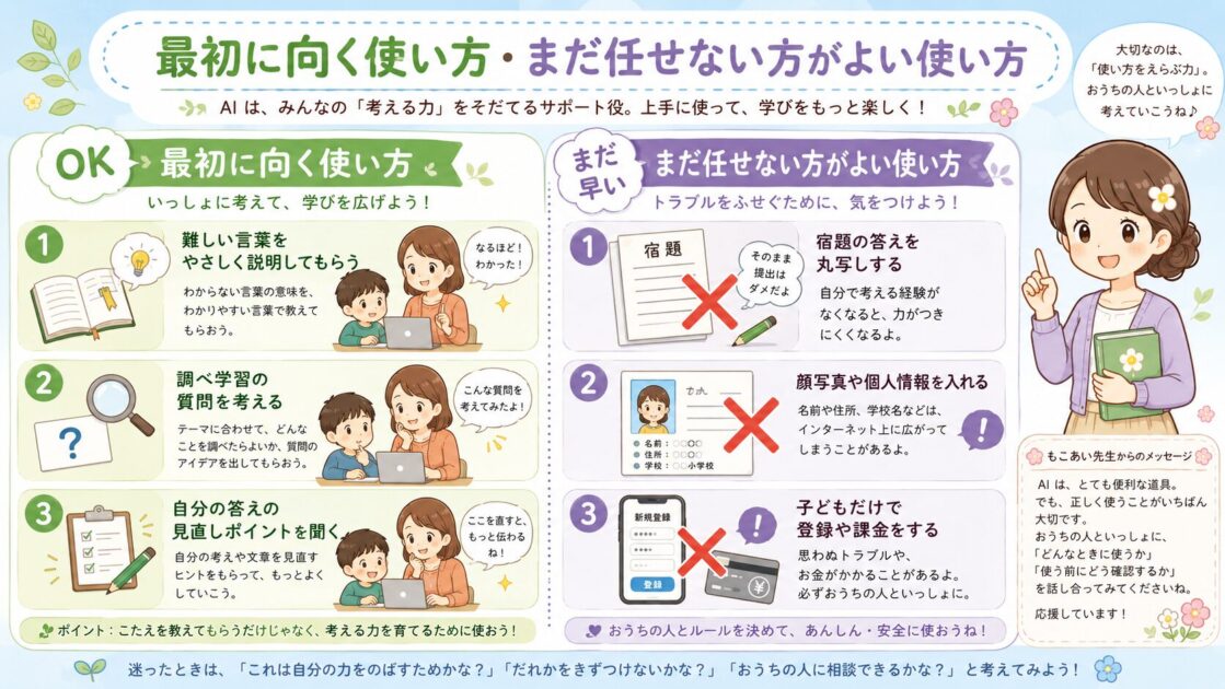 小学生のAI利用で、最初に向く使い方と、まだ任せない方がよい使い方を比較した挿絵