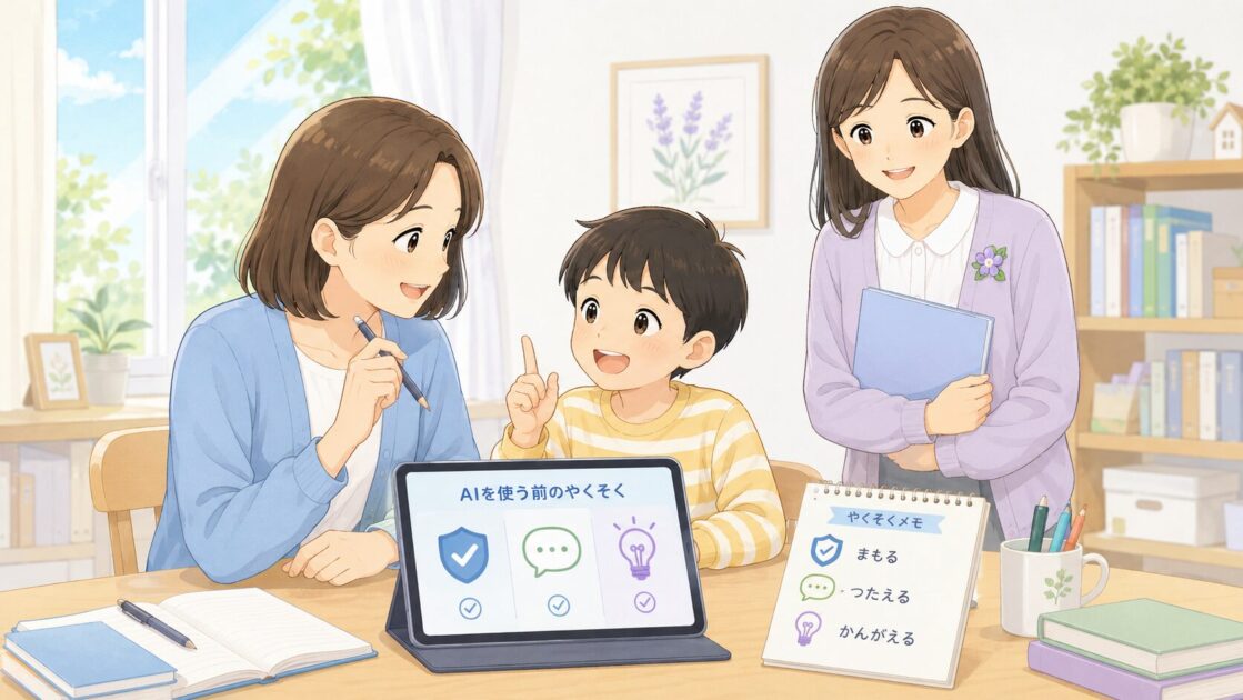 小学生の子どもと保護者が、もこあい先生と一緒にAIを使う前の約束やルールを確認している挿絵