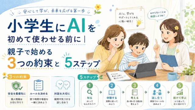 小学生が保護者と一緒にAIを初めて使う前に、3つの約束と5つのステップを確認しているアイキャッチ画像