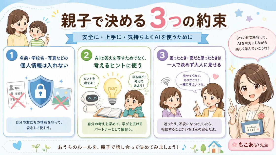 小学生がAIを使う前に親子で決める3つの約束を、わかりやすく図解した挿絵