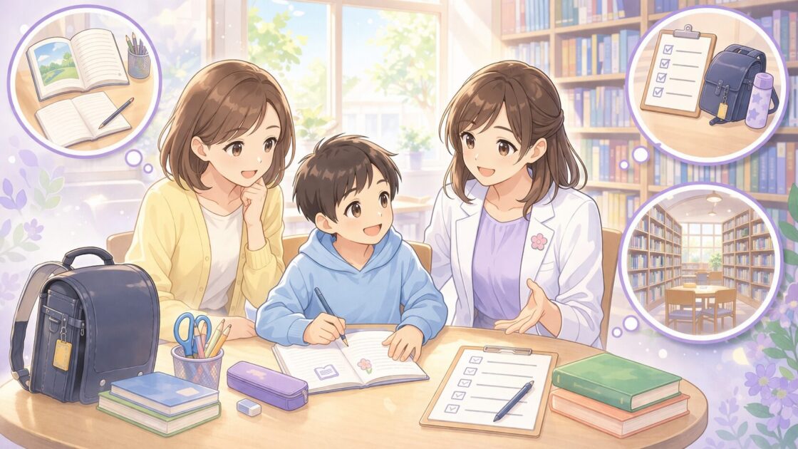 小学生向けに読書感想文と忘れ物と図書館の入口がやさしく示された挿絵