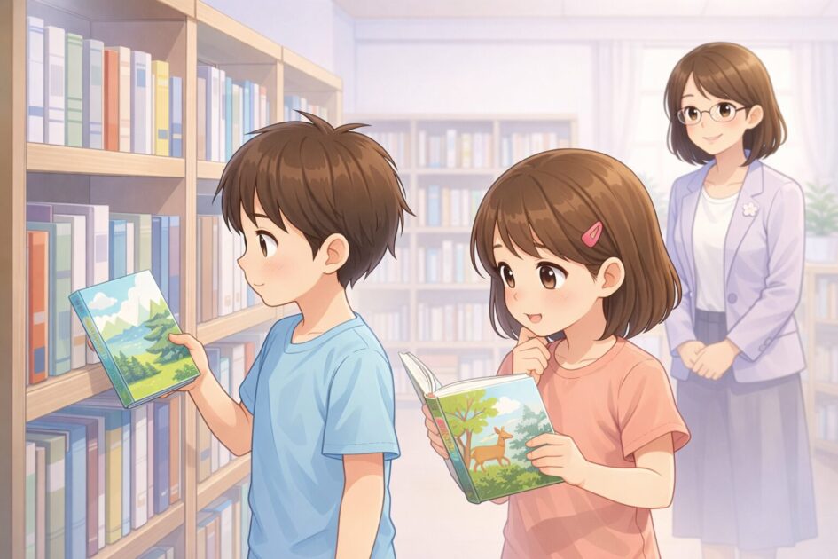 小学生が図書館や本棚の前で、自分に合う本を選んでいる様子を示した挿絵