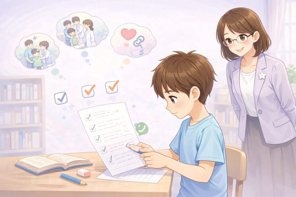 読書感想文を書き終えたあとに、場面・気持ち・理由・書き忘れを1分で確認している小学生の様子を示した挿絵