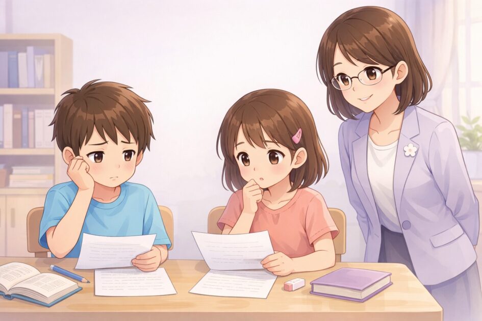 読書感想文の紙を前にして困る健太と恵子を、もこあい先生がやさしく見守っている挿絵