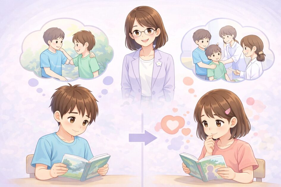 同じ題材を読んでも健太は自分の経験に結びつけ、恵子は登場人物の気持ちの動きに注目している違いを示した挿絵