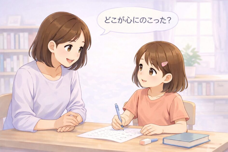 保護者が小学生の子どもに答えを押しつけず、どこが心に残ったかをやさしく聞いている挿絵