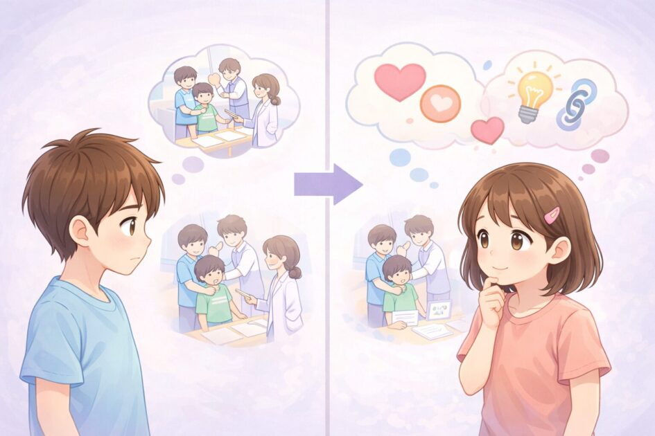 あらすじだけの文と感想が入った文のちがいを左右で比較した読書感想文の理解を助ける挿絵