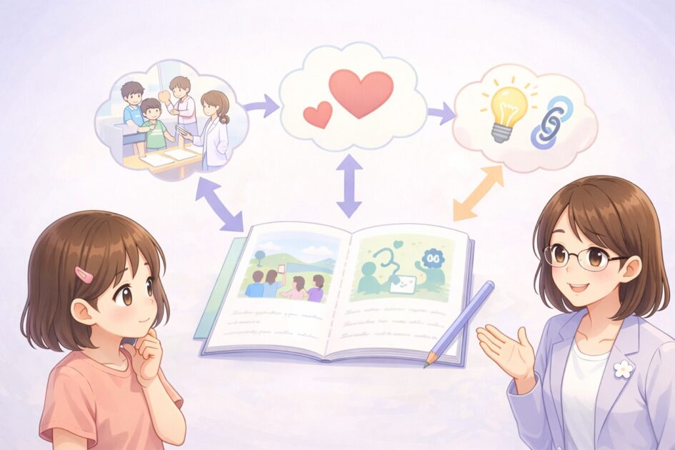 読書感想文を、心に残った場面・思ったこと・理由の3つのメモに分けて考える流れを示した挿絵