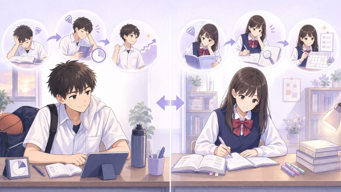 健太と恵子の性格や勉強状況の違いから英語長文の選び方が変わることを示した比較挿絵