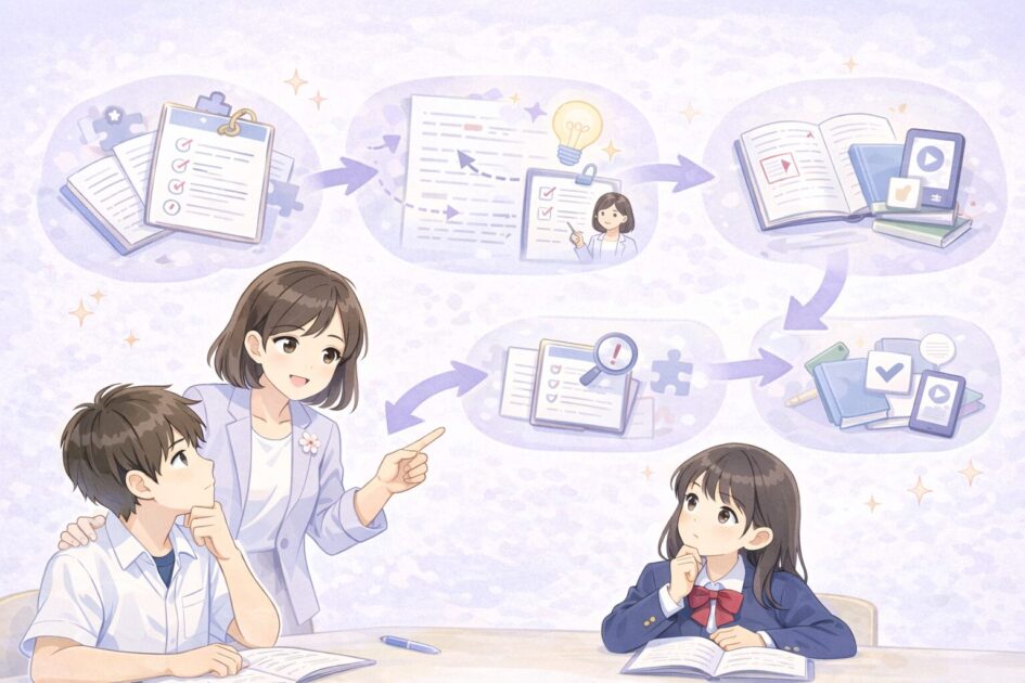 英語長文が苦手な高校生に向けてもこあい式の三つの立て直しステップを示した図