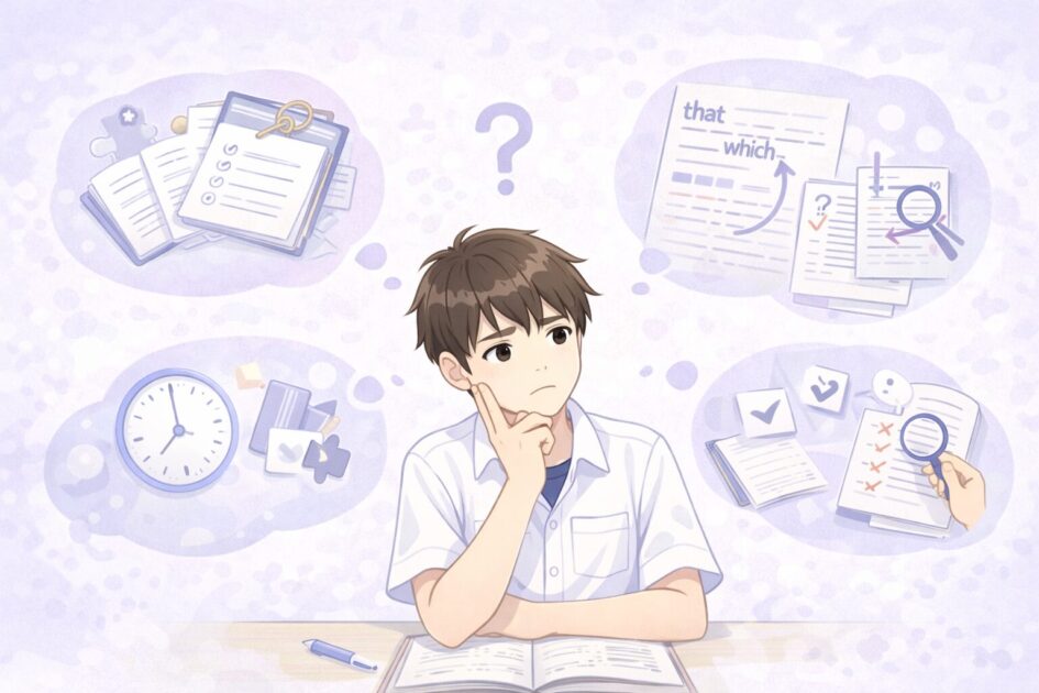 高校生が英語長文で苦手になりやすい五つのパターンを整理して示した図