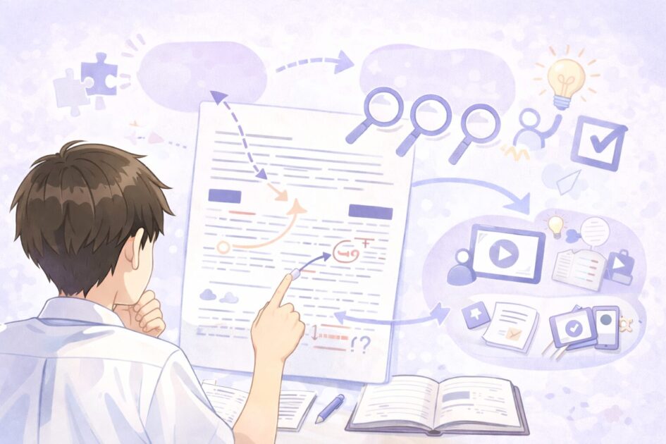 英語長文では単語だけでなく文のつながりや指示語や筆者の主張を追う必要があることを示す図