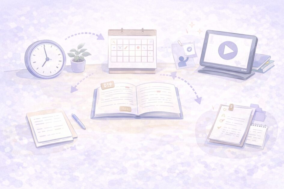 英語長文の勉強を続けやすくするために区切りや短時間学習や戻りやすさを整える考え方を示した図