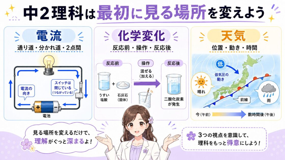 中2理科の電流・化学変化・天気で最初に見る場所を整理した案内図