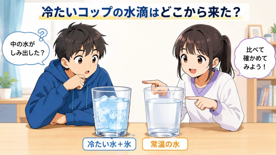 健太と恵子が冷たいコップと常温のコップを比べて水滴を観察する場面