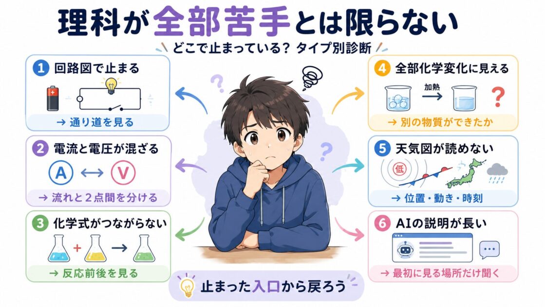中2理科で止まりやすい6つのタイプと最初に戻る場所を示す診断図