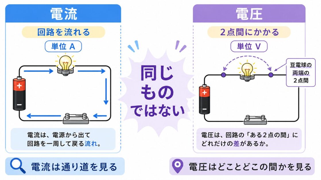 電流は回路を流れ、電圧は回路の2点間にかかる違いを示した図