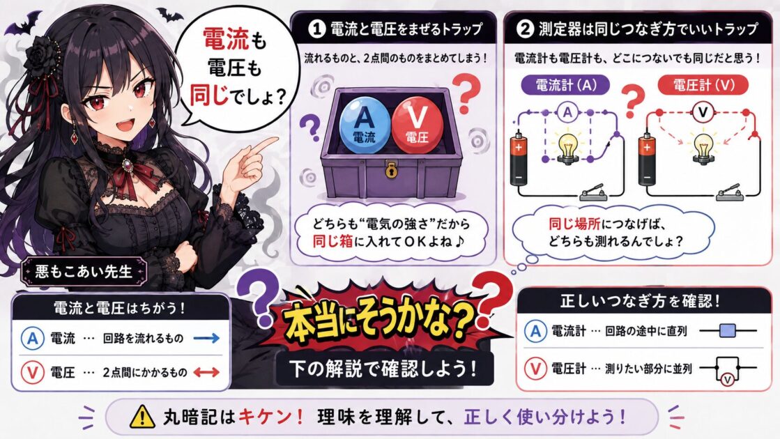悪もこあい先生が電流と電圧を同じものだと誤解させようとする挿絵