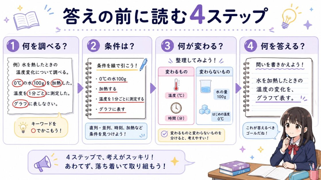 理科の問題文で調べるもの・条件・変わるもの・聞かれていることを確認する4ステップ
