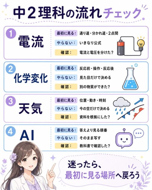 電流・化学変化・天気・AI活用で最初に見る場所をまとめた保存用チェック表